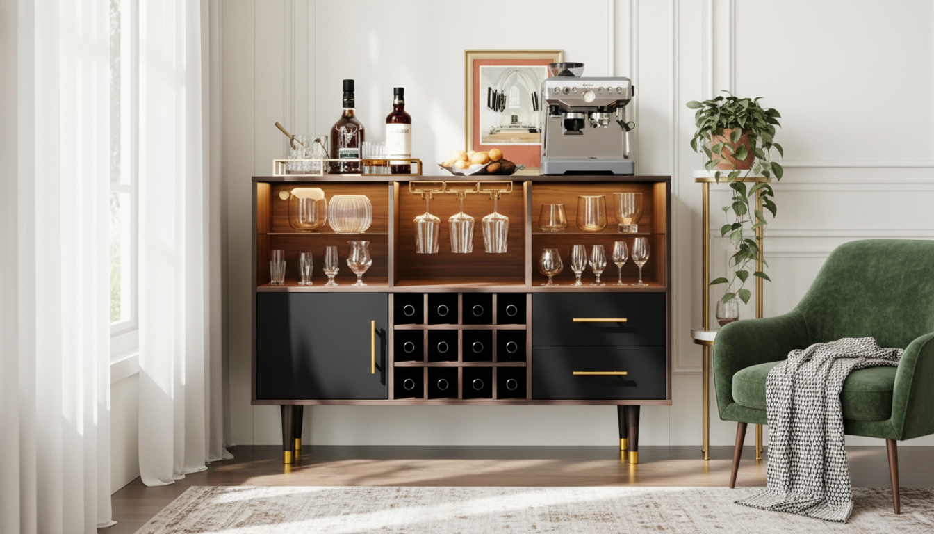47-Inch Walnut Bar Cabinet: LED Light + Charging