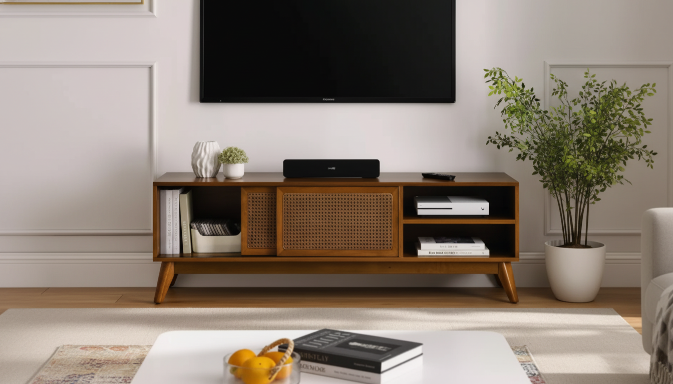 59" Rattan-Door Mid-Century TV Stand for 65" TVs