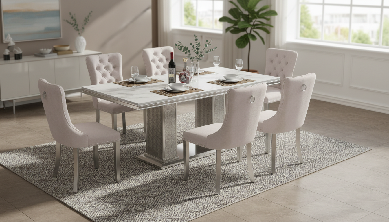 7-Piece Faux Marble Set for 6 with Tufted Chairs