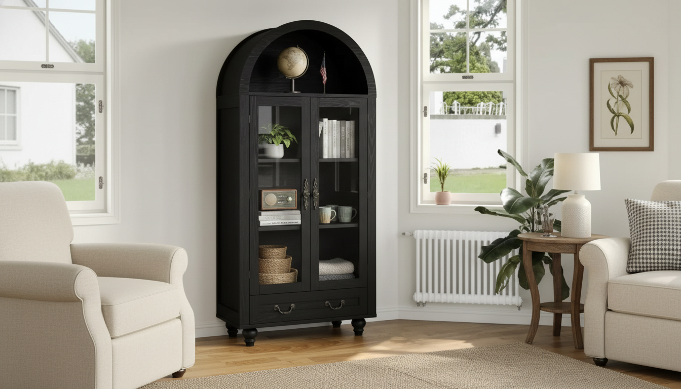Black Arched Glass-Door Farmhouse Storage Cabinet (70″)
