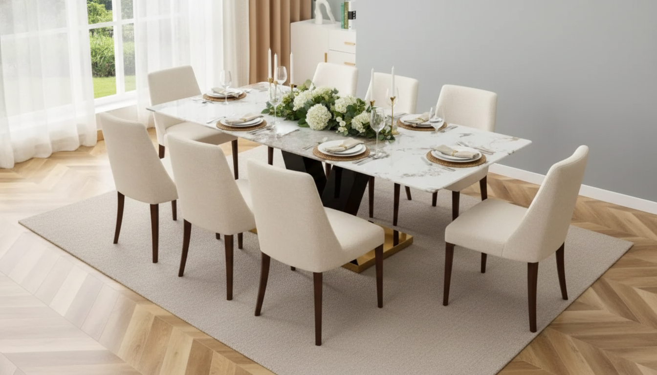 71-Inch Gold & White Marble Table: Seats 8 Comfortably