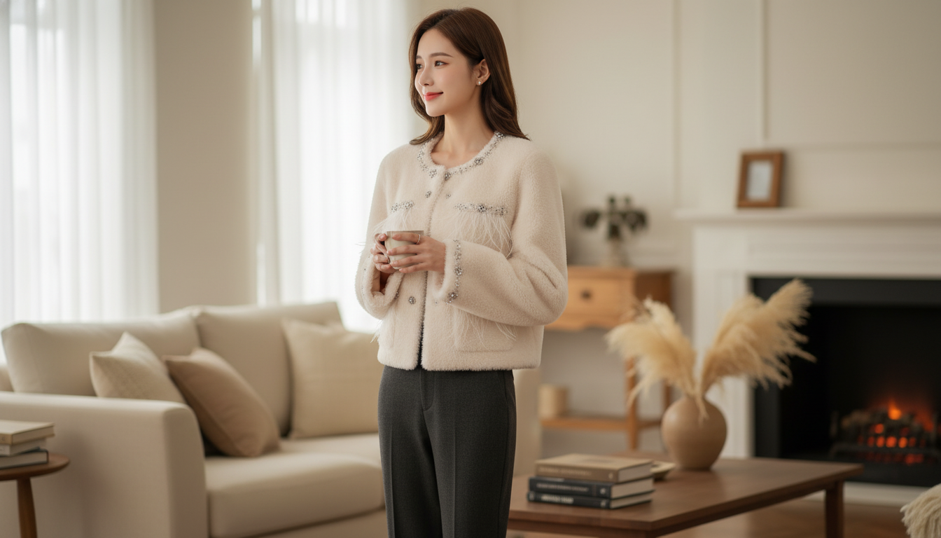 Crew-Neck Luxury Fur Coat: Nail Drill Detail Statement