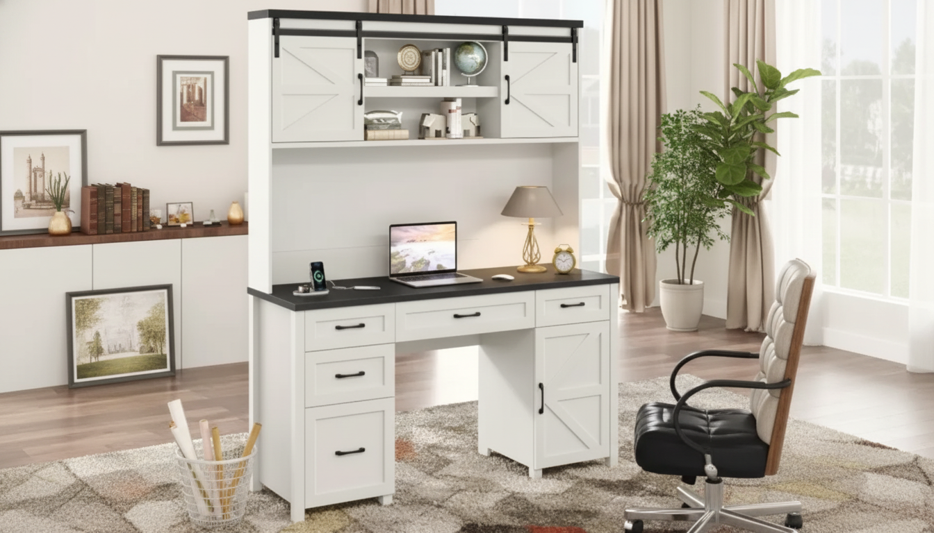 Farmhouse Executive Desk: Hutch + Charging, Done Right