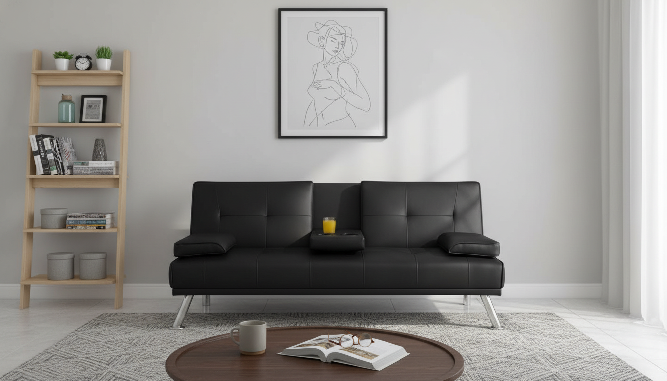 Faux Leather Futon Sofa Bed w/ Cupholders for Small Rooms
