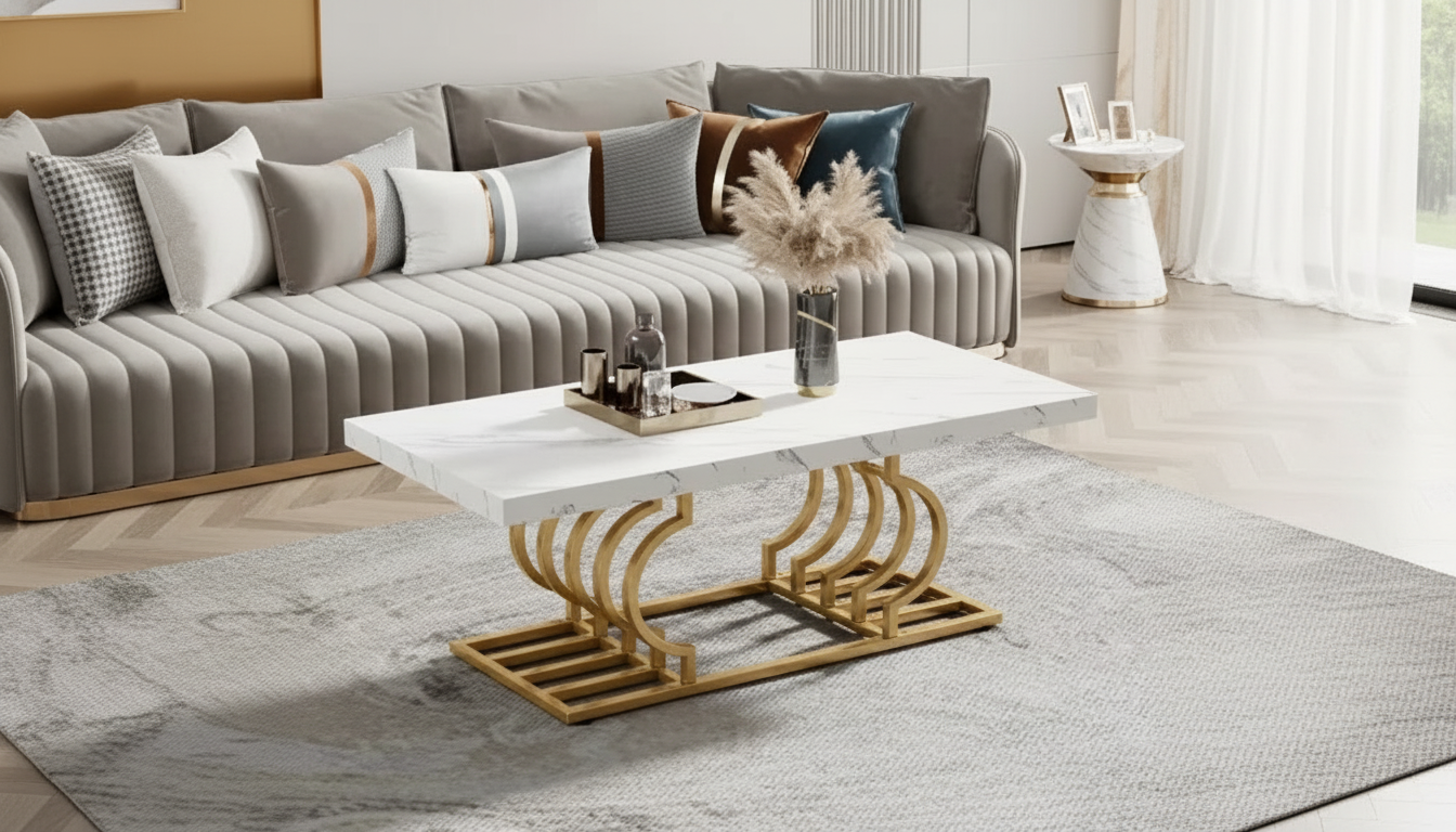 Faux Marble Coffee Table: Gold Geometric Base Style
