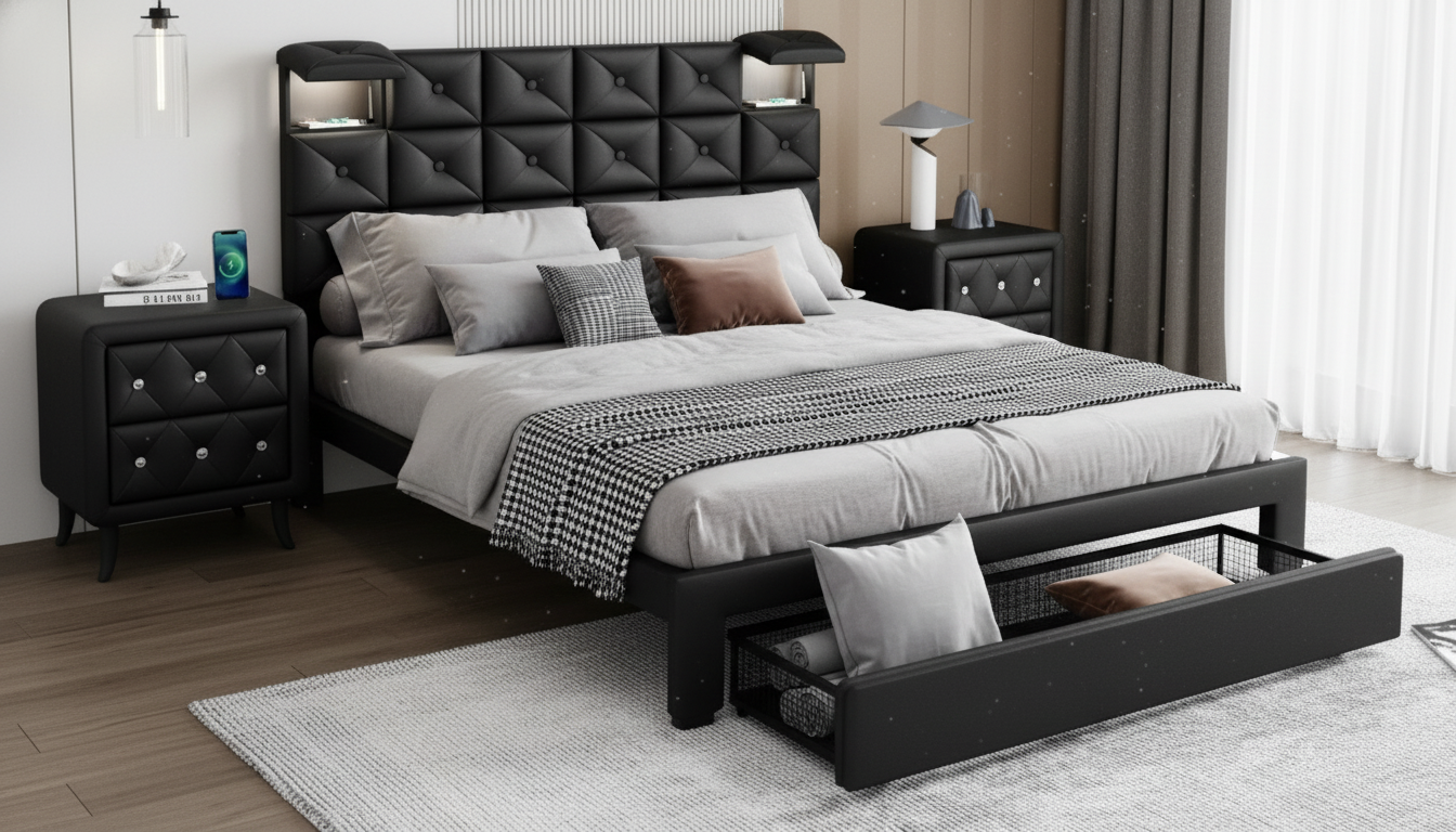 Modern Queen PU Platform Bed: Charging + Storage