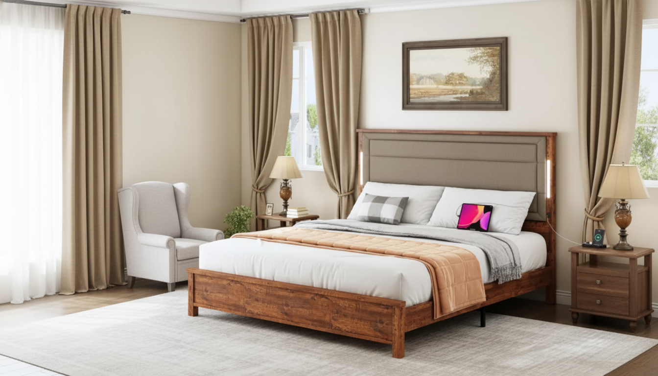 Queen Bed Frame: Tall Linen Headboard, LED + Charging