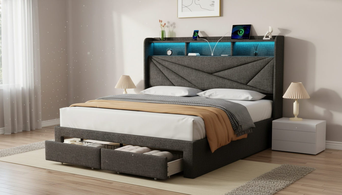 Queen LED Upholstered Bed Frame w/ Drawers & Charging