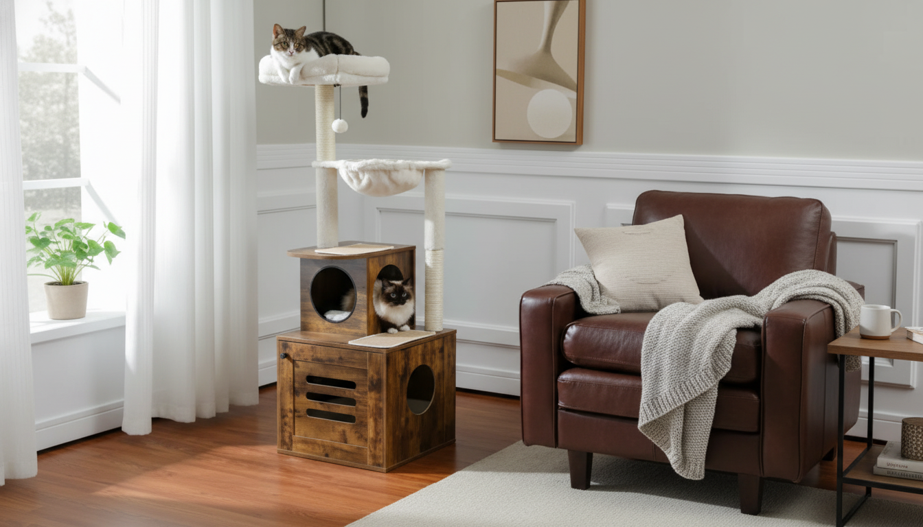 Wooden Cat Tree Tower with Hidden Litter Box & Posts