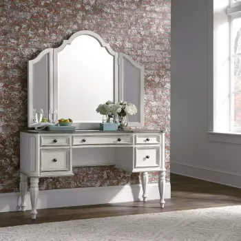 White Glass-Top Vanity Desk: 5 Drawers, Modern Storage